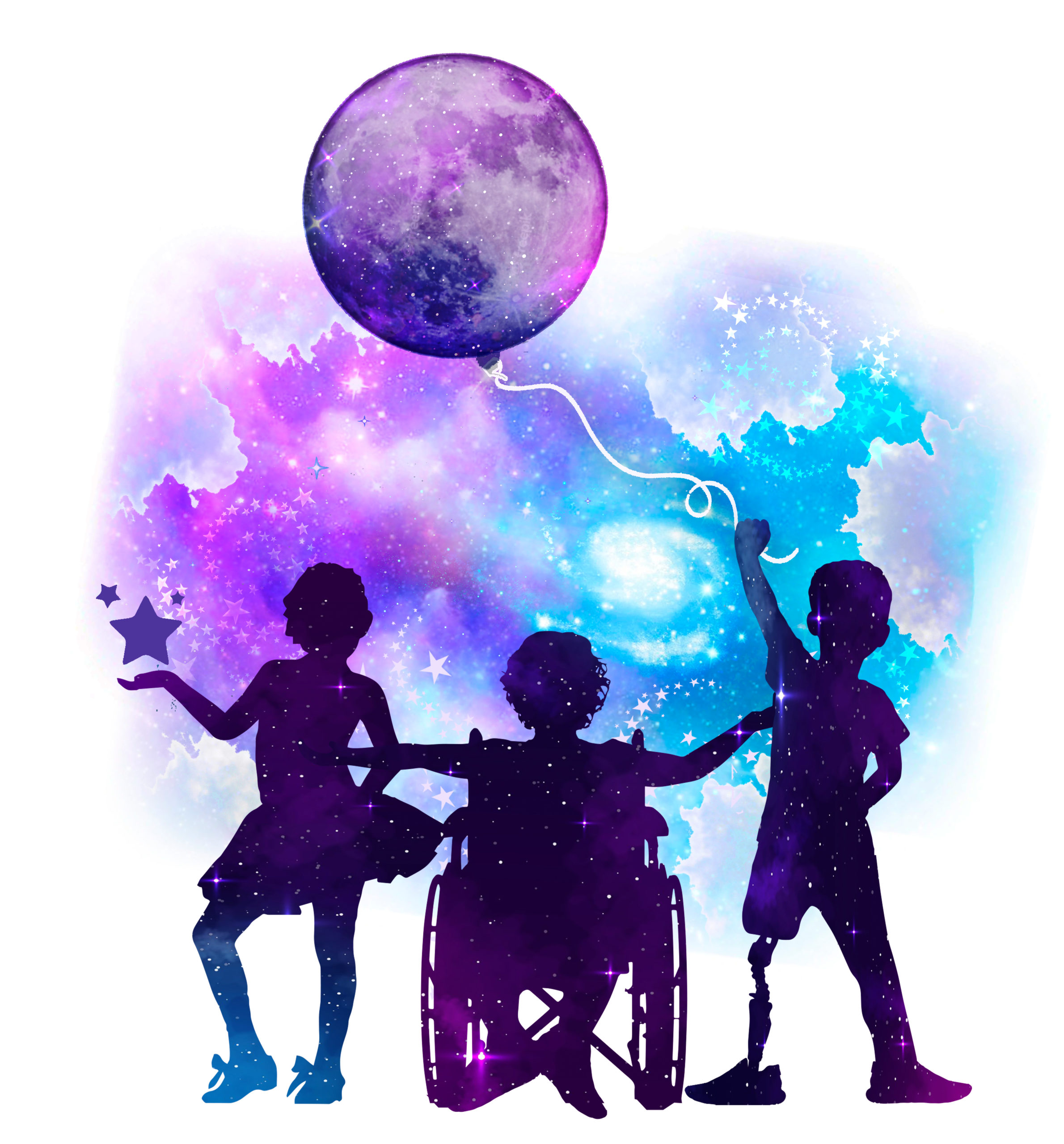 Silhouette of children with unique abilities in front of a galaxy artistic background 