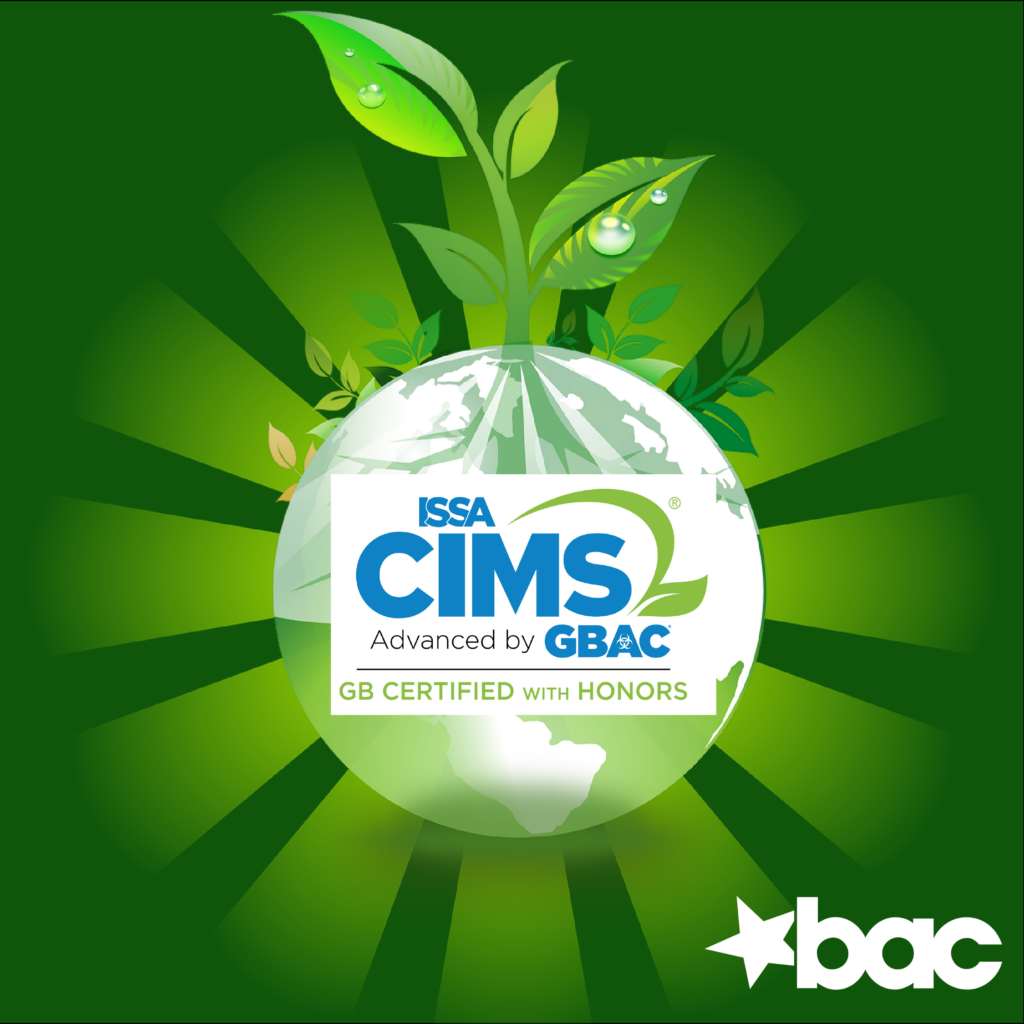 ISSA CIMS Advanced by GBAC logo. GB Certified with Honors. 