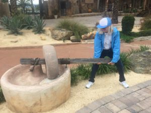 Tracy jokingly tries to lift a giant wooden dowel at the Holy Land Experience.