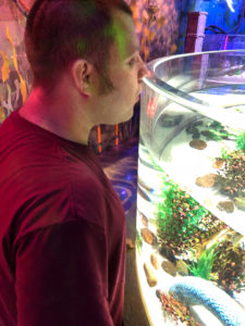 Justin looks over the edge of a fish tank. 